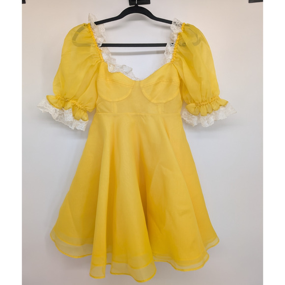 NWT Selkie Sunshine Parliament Puff Sleeve Mini Dress Size Small Yellow #1A503 - Picture 2 of 9